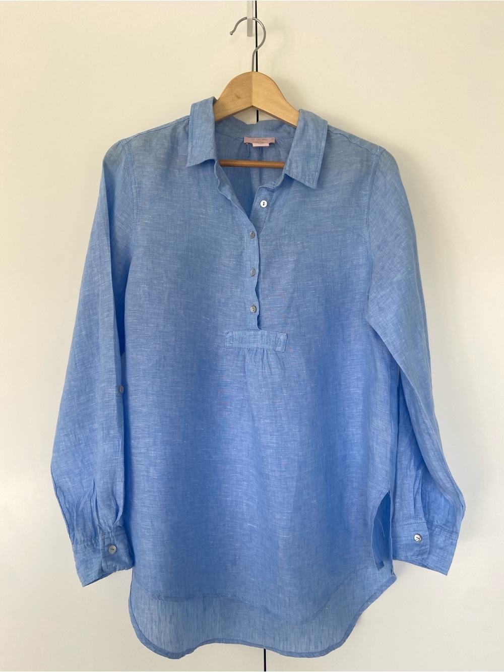 ST TROPEZ WEST 100% Linen Popover Tunic Large Long Sleeve Rolltab Blue EUC